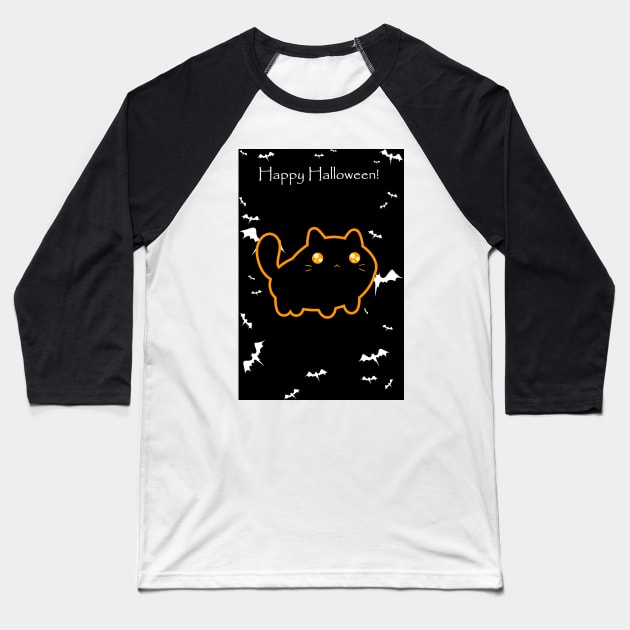 "Happy Halloween" Chubby Black Cat Baseball T-Shirt by saradaboru